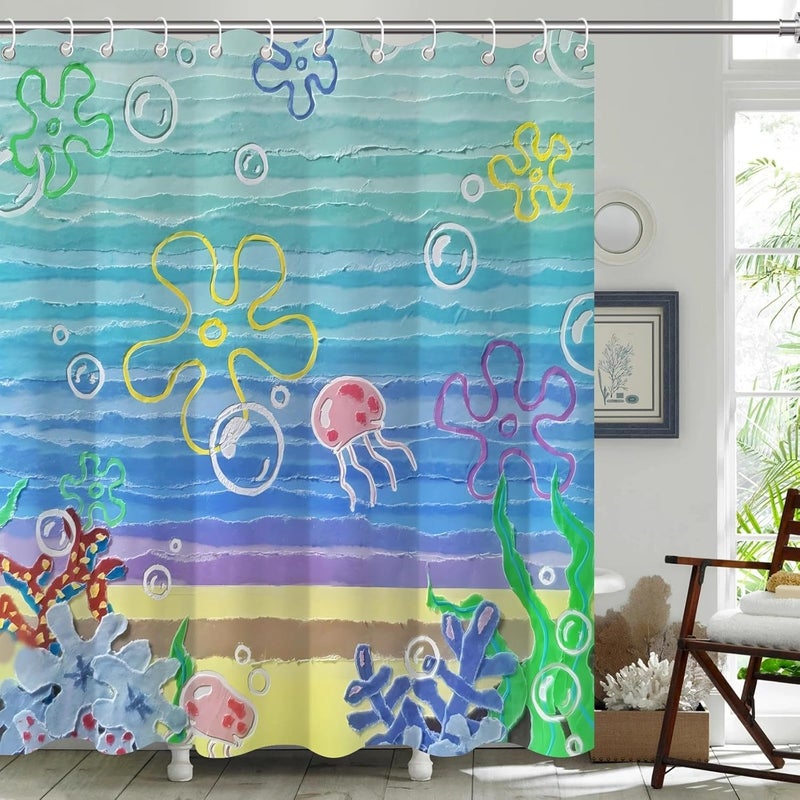 TSLOVER Cute Beach Ocean Shower Curtain,Sea Ocean Anime Bathroom Curtain,Funny Cute Waterproof Fabric Shower Curtains for Bathroom,72x72 Inches - Image 1
